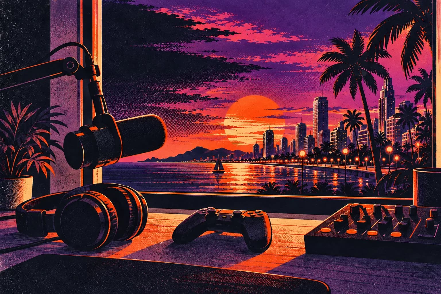 Grafische streamsetup met controller, microfoon en koptelefoon voor een paarse zonsondergang